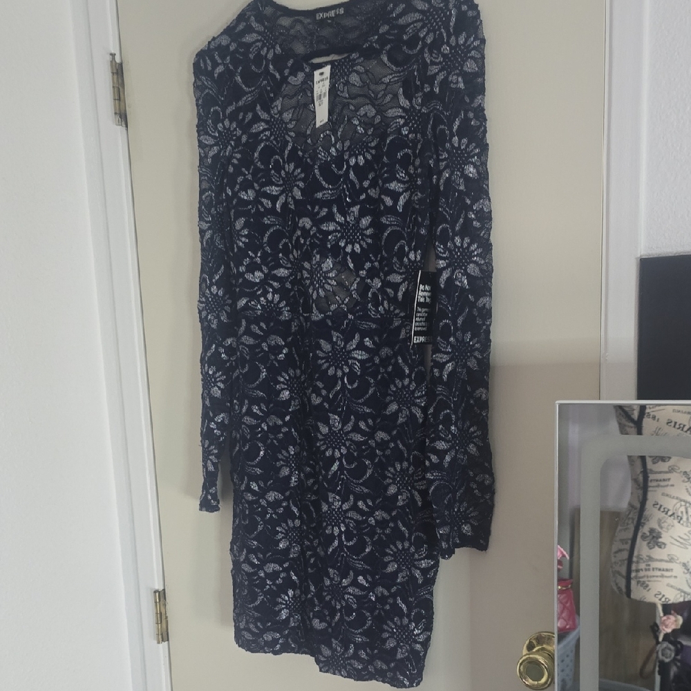 Express Midnight Blue & Silver Shimmer Floral Lace Dress (NWT)(XS)💙🤍💙